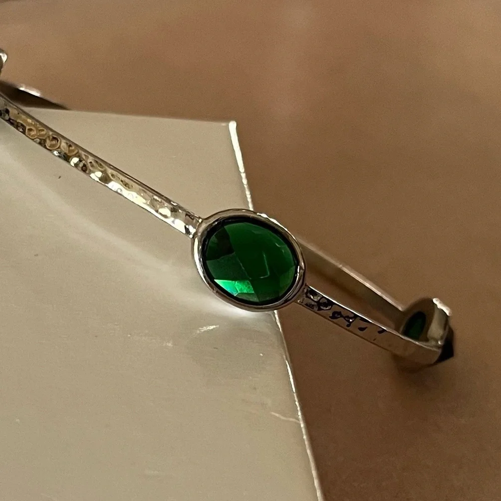 Silver Hammered Bangle Bracelet with Green Faceted Stones